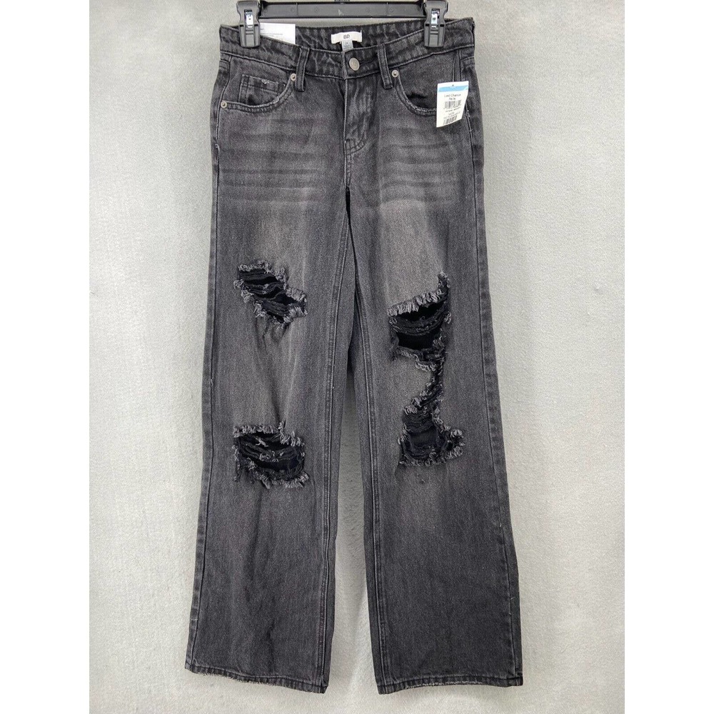 BP Jeans Women's Sz‎ 24 Black Distressed Ripped Wide Leg Pockets Low Rise NWT